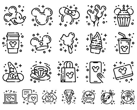 Mickey Mouse inspired drink and food icons for designing menus, packaging, and other marketing#fontlove #letteringinspiration #typographytrends #handlettering #fontobsessed Mickey Ice Cream Bar Tattoo, Disney Svg Free Files Cricut, Alfabet Font, Disney Doodles, Cricut Disney, Disney Drinks, Disney Artwork, Disney Designs, Disney Day