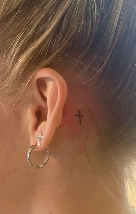 Small Cross Tattoo Behind Ear, Small Tattoos Behind The Ear, Cross Tattoo Behind Ear, Cross Neck Tattoo, Cross Tattoo Neck, Small Cross Tattoos, Small Cross Tattoo, Behind Ear Tattoos, Crazy Tattoos