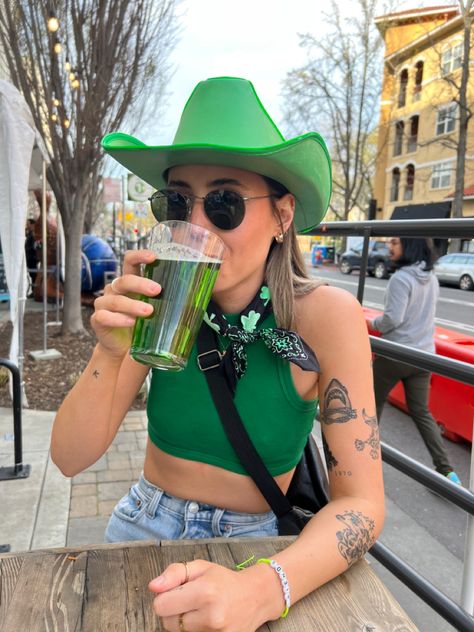 Green Cowboy Hat Outfit, Green Cowgirl Outfit, Cowgirl Hat Outfit, Sombrero Cowboy, St Patrick's Day Outfit, Hat Outfit, Irish Pride, Saint Patties, Cowboy Party