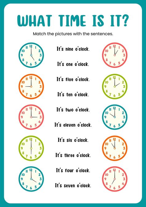 What Time Is It? Turquoise White English Worksheet - Templates by Canva Basic Math Worksheets, English Language Learning Activities, Elementary Worksheets, First Grade Math Worksheets, Telling Time Worksheets, English Worksheets For Kindergarten, Mathematics Worksheets, English For Beginners, English Worksheet