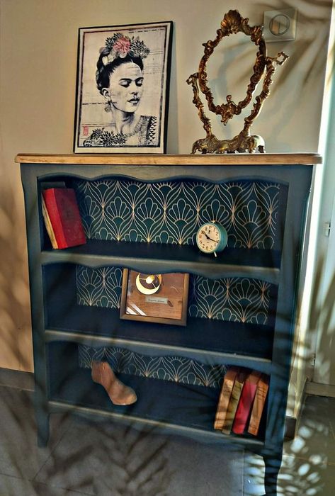 Revamp furnitureDresserBedroom dresser ideasHome decor ideas Dark Blue Bookcase, Tile Dresser, Bookshelf Upcycle, Bedroom Dresser Ideas, Upcycled Bookcase, Painted Shelves, Painted Shelf, Upcycled Furniture Before And After, Bookshelf Makeover