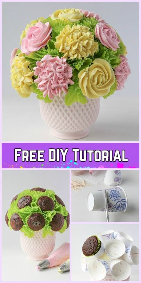 DIY Flower Cupcake Bouquet in Pot Tutorials-DIY Blooming Cupcake Bouquet in 5 Steps Flower Pot Cupcake, Flower Cupcake Boquets, Diy Cupcake Bouquet Tutorials, Flower Pot Cupcakes Ideas, Cupcake Flower Arrangement, Small Cupcake Bouquet, How To Make A Cupcake Bouquet Tutorials, Easy Cupcake Bouquet, Flower Bouquet Cupcake Cake