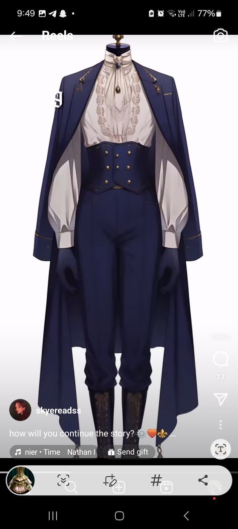 Fantasy Sailor Outfit Male, Magical Outfits Drawing Male, Noble Men Clothing, Cute Fantasy Outfits Male, Royal Outfit Drawing Male, Royal Oc Design, Royal Outfits Male Fantasy Drawing, Winter Prince Outfit, Fantasy Royal Clothing Art