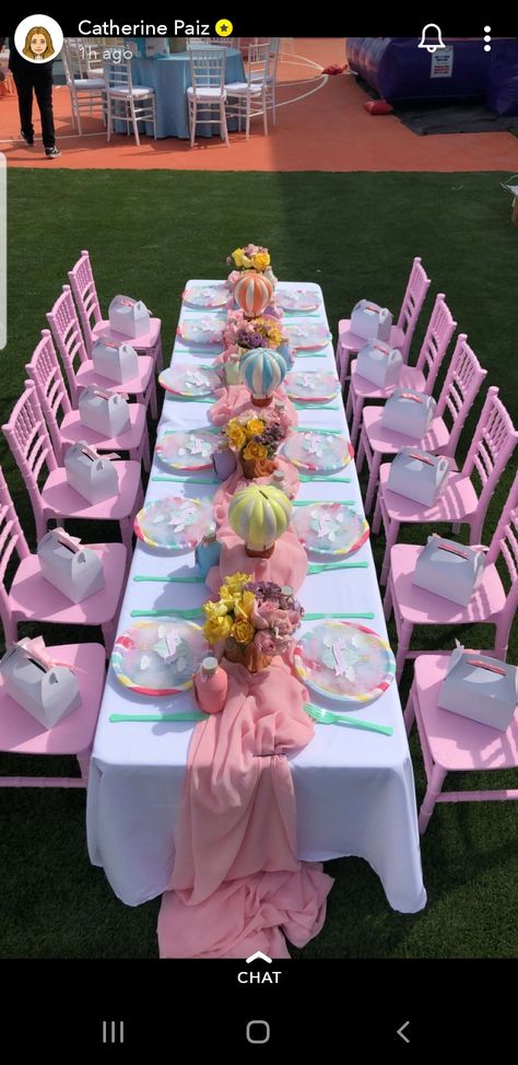 Kids Table And Chairs Birthday Party, Kids Birthday Table Set Up, Air Balloon Birthday Theme, Kids Party Table Set Up Ideas, Kids Table Party, Hot Air Balloon Birthday Theme, Toddler Tea Party Birthday, Kids Party Table, Toddler Tea Party