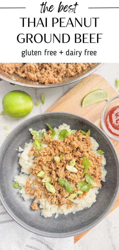 Ground beef with ginger thai peanut sauce is gluten free and dairy free! This easy recipe is made with simple ingredients and has a homemade peanut sauce. Gluten Free Dairy Free Ground Beef, Thai Peanut Sauce Recipe, Ground Beef Keto Recipes, Homemade Peanut Sauce, Peanut Sauce Recipe, Thai Peanut Sauce, Ground Chicken Recipes, Thai Peanut, Peanut Recipes