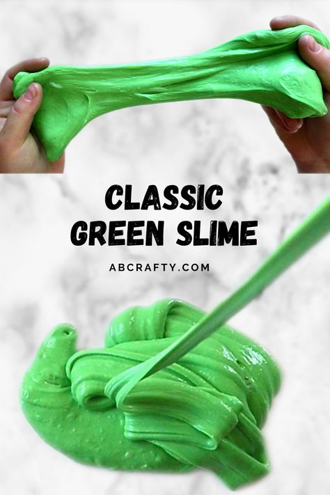 two hands stretching green slime in the top photo and the bottom image shows the slime oozing into a pile Dino Slime, Green Crafts, St Patricks Day Slime Recipe, Nickelodeon Slime Recipe, Bulk Slime Recipe Easy, Green Slime, Green Slime Recipe, Dish Soap Slime Recipe No Glue, How To Make Slime In The Classroom