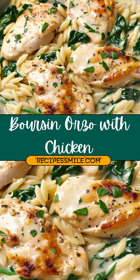 A creamy one-pan dinner featuring tender chicken, flavorful Boursin cheese, and perfectly cooked orzo. This quick recipe is ideal for busy weeknights or when you need an easy yet indulgent meal. One Pot Chicken Sausage Orzo Boursin, Boursin Chicken And Orzo, Boursin Cheese Stuffed Chicken, Chicken Recipes Orzo, Lemon Chicken Orzo Bake Boursin, Slow Cooker Boursin Chicken, Dinner Recipes With Boursin Cheese, Boursin Recipes Dishes, Chicken Recipes With Boursin Cheese