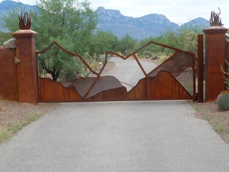 AZ Custom Gates Installed Arizona Wrought Iron Gates For Sale Front House Gate, House Gate Ideas, Gate Entrance Landscaping Ideas, Gate Ideas Modern, Entrance Landscaping Ideas, Front Gate Ideas, Modern Front Gate Design, House Front Gate, Rock Fence