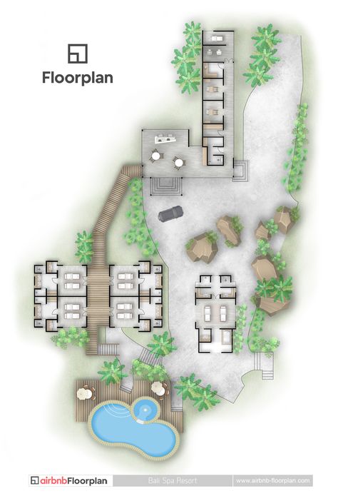 As well as floor plans we create full colour site plans for all purposes such as this spa resort on the island of Bali. Bali Inspired Farm Resort, Spa Resort Architecture, Resort Admin Block Plan, Small Resort Design Plan Layout, Bali Resort Design, Resort Floor Plan Layout, Wellness Resort Design, Wellness Resort Architecture, Wellness Center Floor Plan