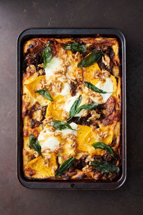 Forget the beef, this vegetarian lasagne is full of flavour. Try this delicious vegetarian pasta for your next winter dinner recipes or as a comfort food idea. Find this and more winter pasta recipes at dish.co.nz Cosy Meals, Vegetarian Lasagne, Winter Pasta, Caramelised Onion, Sage Butter, Pumpkin Sauce, Winter Dishes, Perfect Pasta, Batch Cooking