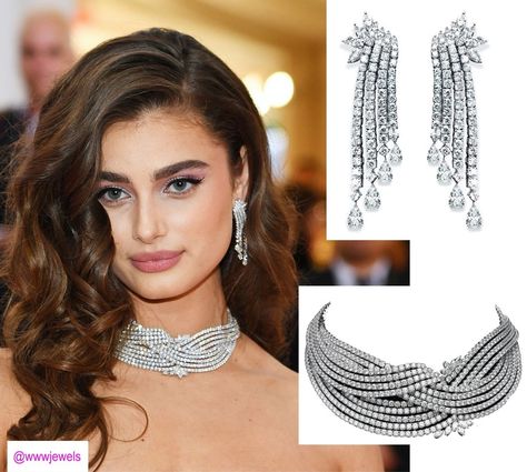 Taylor Hill at the 2019 Met Gala The stunning VS model wore a necklace that looked familiar to us! Turns out Ariana Grande wore the dynamite Butani diamond necklace when she infamously skipped the Grammys. Matching Butani earrings completed her look. Celeb Jewelry, Gala Inspiration, Gala Jewelry, Mini Concept, Most Expensive Jewelry, Prom 2020, Diamond Earrings Design, Kacey Musgraves, Celebrity Jewelry