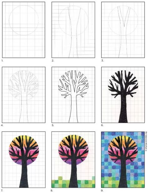 Grade 5 Fall Art, Fall Art Ideas For 4th Grade, Fall Drawings For Kids, Tree Art Tutorial, Fall Art Projects For Kids Elementary, Tree Art Projects For Kids, Fall Art Projects For Kids, Art Projects For Elementary, Line Art Projects