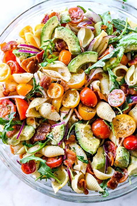 Pasta Salad With Avocado Dressing, Pasta Salad With Avocado, Salad With Avocado Dressing, Spaghetti Pasta Salad, Homemade Pasta Salad, Bacon Pasta Salad, Blt Pasta Salad, Cottage Meals, Avocado Pasta Salad