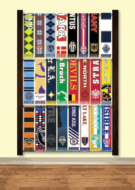 Sports Scarf Display, Display Soccer Scarves, Soccer Scarf Display Ideas, Football Scarf Display, Soccer Scarf Display, Scarves Display, Scarf Wall, Soccer Bedroom, Hunter Room