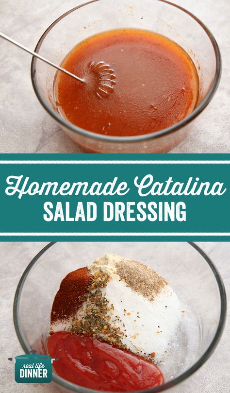 Homemade Catalina Salad Dressing! Healthier version of a favorite salad dressing! Easy and basic ingredients! #Homemade #catalina #salad #dressing #saladdressing #reallifedinner ~ https://reallifedinner.com Catalina Dressing Pasta Salad, Keto Catalina Dressing, Catalina Dressing Recipes Dinners, Salads With Catalina Dressing, Catalina Dressing, Homemade Catalina Dressing, Catalina Dressing Recipes, Catalina Salad Dressing, Easy Salad Dressing Recipes