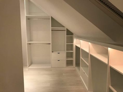 Slanted Closet Ideas, Slanted Roof Bedroom, Slanted Ceiling Closet, Small Attic Room, Slanted Roof, Attic Wardrobe, Attic Bedroom Storage, Attic Closet, Attic Bedroom Designs