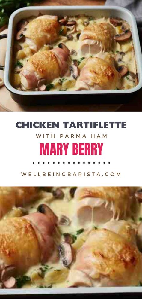 The Chicken Tartiflette Mary Berry is a chicken breast wrapped in Parma ham traybake is a rich and comforting dish perfect for a cosy lunch or dinner. Mary Berry Recipes Dinners, Chicken Tartiflette, Jamie Oliver Puff Pastry Chicken, Mary Berry Chicken Pasta Bake, Mary Berry Recipes, Chicken Saltimbocca Mary Berg, Marry Berry Recipes, Chicken And Ham Pie, Tartiflette Recipe