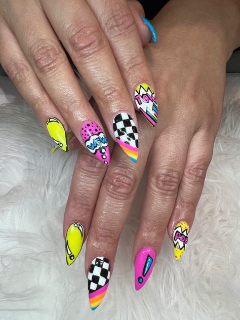 90s Pop Art Nails, Pop Art Pedicure, Pop Art Short Nails, Pop Art Nails Short, Comic Art Nails Design, Pop Art Nails Designs Comic Books, Comic Book Nails Designs, 80s Nails 1980s, 80’s Nails