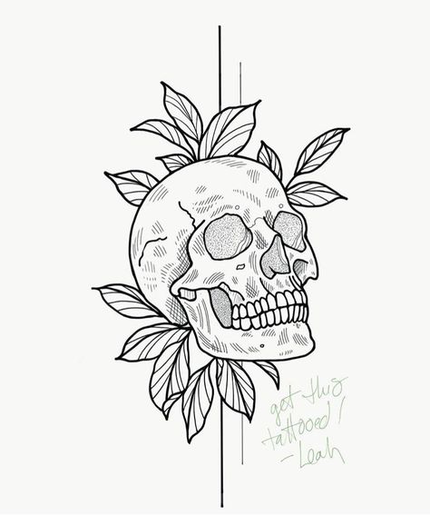 Simple Skull And Flower Tattoo Drawing, Skull Tattoos Small Simple, Skull Tattoo Drawings Sketches, Skull Ideas Drawings, Skull With Leaves Tattoo, Skull Small Tattoo Design, Simplistic Skull Tattoo, Fine Line Skull Tattoo Design, Mini Skull Drawing