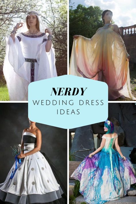 Wedding Dresses for Fantasy and Sci-Fi Brides | Lovers of fantasy and sci-fi can have a great appreciation for fashion because of their outsized imaginations. That's how you get the most artfully crafted and nerdy wedding dresses this side of Hyrule Kingdom. Adapted from beloved works of Disney, video games, and cult classics, these geek wedding dresses will have you waltzing down the aisle humming "Bippity boppity boo" -- or screaming "Beetlejuice, Beetlejuice, Beetlejuice!" Science Fiction Wedding Dress, Zelda Inspired Wedding Dress, Cosplay Wedding Ideas, Nerdy Wedding Dress, Marvel Wedding Dress, Starwars Wedding Dresses, Star Wars Inspired Wedding Dress, Dystopian Wedding, Sci Fi Wedding Dress