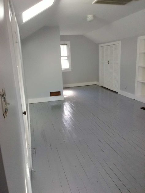 Behr Whisper White trim, White Metal walls, Silver Bullet floor; installed new lights after this White Metal Behr Paint, Behr Off White Paint, Behr White Metal, Behr Off White, Behr Whisper White, Behr Gray, White Painted Floors, Sherwin William, Off White Paint Colors