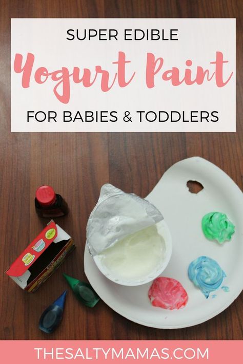 Looking for a sweet way to try your first baby art project? Try our edible fingerpaint recipe made from yogurt! Read the full details of this amazing process based toddler art project (and get the SUPER easy edible paint recipe!) at TheSaltyMamas.com. #ediplepaintrecipe #ediblepaint #ediblefingerpaint #artforbabies #babyart #toddlerart #bestpaintforbabies #paintingwithbabies #babypaint #toddlerpaint #nontoxicpaint #paintrecipe #processbasedart Art Projects For Toddlers, Baby Art Activities, Finger Painting For Toddlers, Projects For Toddlers, Toddler Painting, Baby Sensory Play, Baby Art Projects, Baby Play Activities, Toddler Art Projects