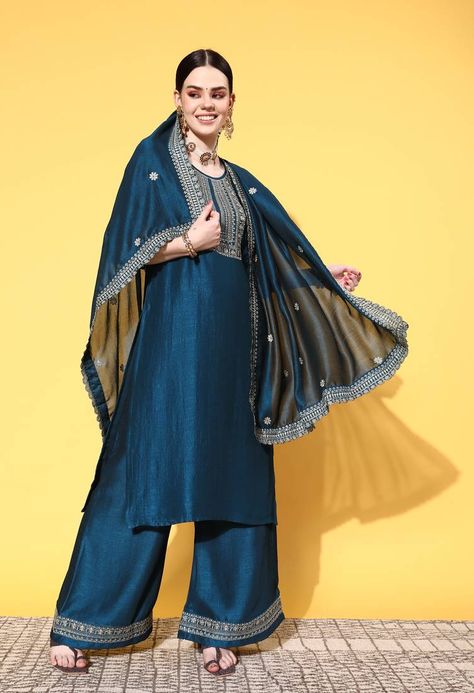 Teal Zari Sequence Embroidered Chinon Silk Kurta with Dupatta. (1 Kurta / 1 Palazzo / 1 Dupatta) Aesthetic Indian, Indian Party, Silk Kurta, Readymade Blouse, Blue Embroidery, Viscose Rayon, Kurta With Pants, Salwar Suit, Fabric Silk