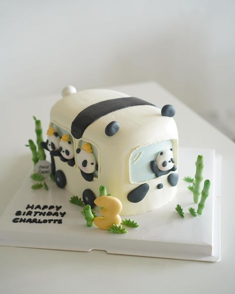 cute panda bus cake Happy Journey Cake Ideas, Happy Journey Cake, Panda Cake Ideas, Journey Cake, Panda Birthday Cake, Korea Cake, Baby Birthday Cake, Bus Cake, Kawaii Cake