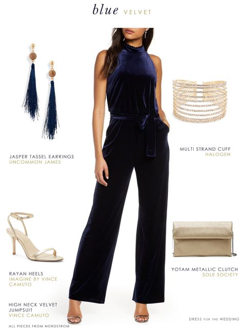 Cute outfits for the holidays! Formal navy blue velvet jumpsuit and accessories  #sponsoredpost #jumpsuit #ootd #outfitinspo #jumpsuits #holidayparty #holidayoutfits Royal Blue Jumpsuit Outfit Wedding, Navy Jumpsuit Outfit Wedding, Navy Jumpsuit Outfit, Feminine Suits, Blue Jumpsuits Outfit, Blue Velvet Jumpsuit, Jumpsuit Ootd, Navy Weddings, Dark Blue Jumpsuit