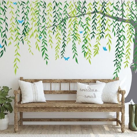 nursery wall decor Nursery Tree Wall Art, Weeping Willow Wall Mural, Willow Tree Nursery, Willow Tree Mural, Flower Mural Bedroom, Tree Murals On Wall, Plant Mural Wall, Leaf Wall Decals, Birch Tree Wall Decal