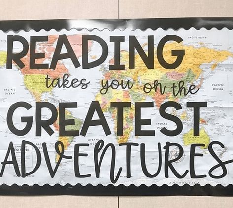 English Bulletin Boards, Middle School Bulletin Boards, School Library Bulletin Boards, Church Library, Travel Theme Classroom, School Library Decor, Elementary Bulletin Boards, Cute Bulletin Boards, School Library Displays