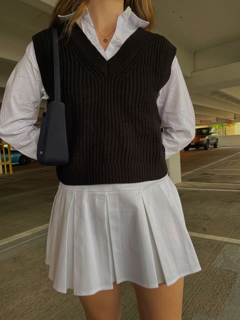 cute sweater vest outfit with button-up and tennis skirt Sweater Vest Outfit With Loafers, Collared Sweater Vest Outfit, White Button Up Outfit Winter, Sweater Vest With Button Up, Button Up Shirt Vest Outfit, White Button Up With Vest, Button Up With Vest Outfit, Sweater Vest With Skirt Outfit, Tennis Skirt Formal Outfit