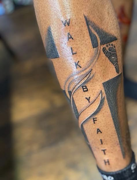 Word Tattoos For Men Leg, Scripture Leg Tattoos For Men, Stay Focused Tattoo Ideas, Walk By Faith Tattoo On Leg, Cool Calf Tattoos For Men, Mark 5:36 Tattoo, Jesus Quotes Tattoos, Meaningful Leg Tattoo For Men, Tattoo Ideas For Men Leg Thigh Piece