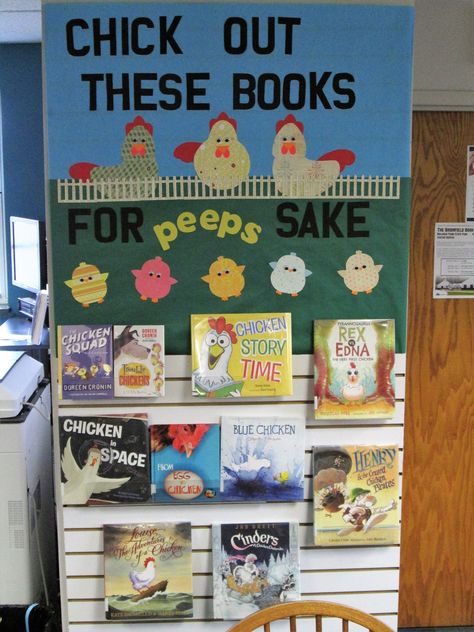 Chicken theme book library display Chicken Theme Classroom, Chicken Classroom Decor, Chicken Bulletin Board, Easter Library Displays, Barnyard Classroom, Farm Classroom, Farm Classroom Theme, Spring Displays, 2024 Classroom