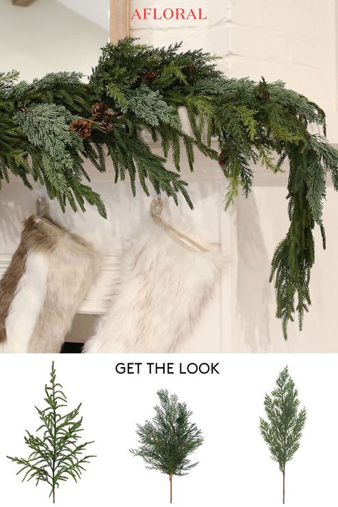 Best Faux Christmas Garland, Pine Garland Christmas, Christmas Mantles, Christmas Greens, Holiday Fireplace, Mantle Ideas, Large Trees, Florida Christmas, Mantel Design