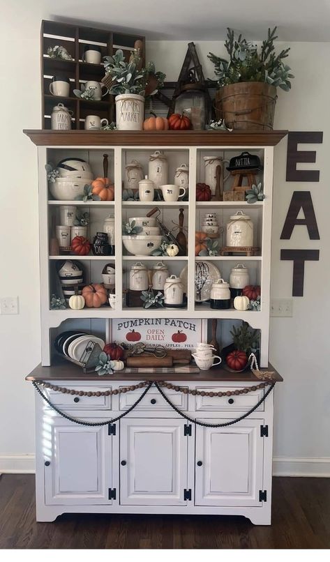 Rae Dunn Hutch Display, Hutch Display, Farmhouse Fall, Farm Fresh, Hutch, Pumpkin Patch, Fall Halloween, Fall Decor, Farmhouse