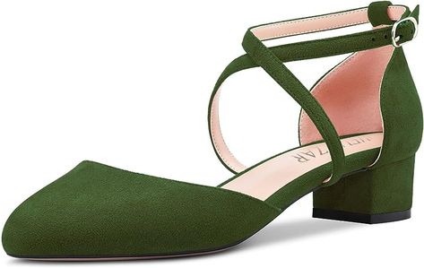 Amazon.com | HEUIVZAR Womens Heel Pumps Round Toe Kitten Low Chunky Block Heel Cross Strappy Ankle Strap Sandals Suede Dress Shoes Olive Green 1.5 Inch 7.5 US | Heeled Sandals Sage Green Heels, Suede Dress Shoes, Green Heels, Low Heel Shoes, Girly Shoes, Suede Dress, Chunky Block Heels, Evening Shoes, Heel Pumps