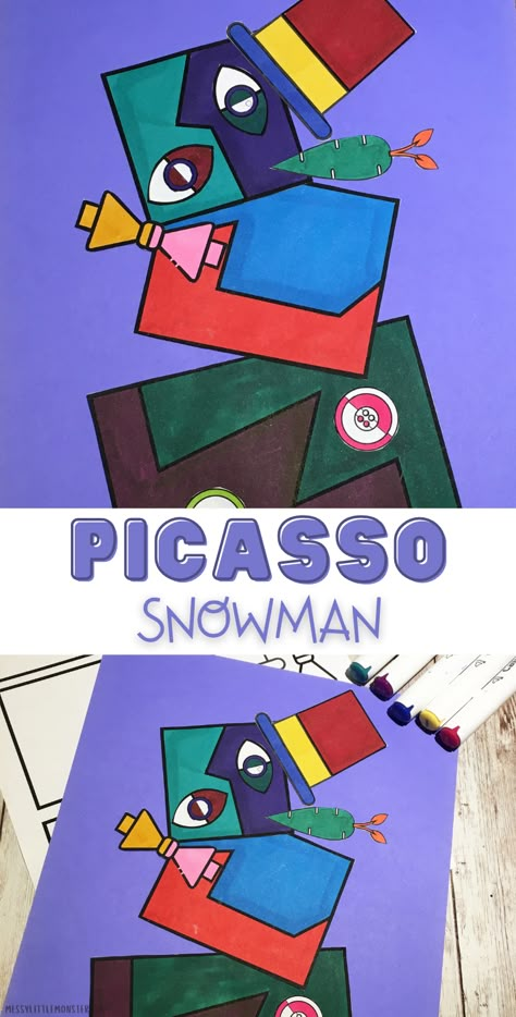 Picasso For Kindergarten, Picasso Preschool Activities, Pop Art Art Lesson, Picasso Faces For Kids, Picasso Snowman, Picasso Art For Kids, Picasso Christmas, New Years Art Projects For Kids, Picasso Art Projects For Kids