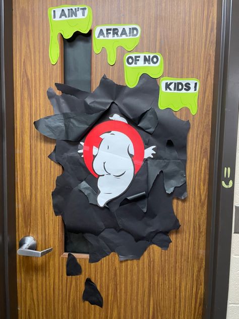 Ghost Busters Bulletin Board Ideas, Ghost Busters Door Decorations, Ghost Buster Door Decoration, Ghostbusters Classroom Door, Ghostbuster Halloween, Diy Halloween Door Decorations, Ghostbusters Theme, Halloween Classroom Door, Halloween Diy Door