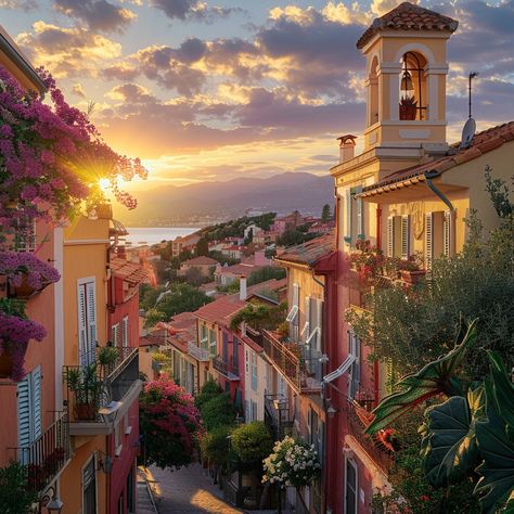 "Mediterranean Sunset Charm: A tranquil #sunset bathes a quaint #Mediterranean street in warm hues, highlighting the #bougainvillea and #architecture. #tranquility #aiart #aiphoto #stockcake ⬇️ #Download and 📝 #Prompt 👉 https://stockcake.com/i/mediterranean-sunset-charm_806833_1077516" Mediterranean Cities, Desert Kingdom, Mediterranean City, City Summer, Night Art, Bougainvillea, Old City, Go Camping, Urban Landscape