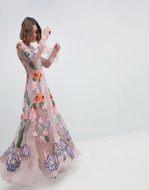 ASOS Edition | ASOS EDITION Embroidered Floral Maxi Dress Embroidered Dress Formal, Floral Dress Wedding Guest, Wedding Guest Outfit Spring, Sheer Floral Dress, Fitted Maternity Dress, Floral Tulle Dress, Floral Dress Outfits, Embroidered Tulle Dress, Plunge Maxi Dress