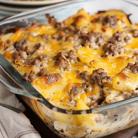 How to Make a Delicious Hamburger and Potato Casserole - Charm Recipes Hamburger And Potato Casserole, Family Favorite Casseroles, Hamburger Meals, Hamburger Potato Casserole, Hamburger And Potatoes, Beef Casseroles, Chicken Potato Bake, Hotdish Recipes, Hamburger Casseroles Recipes