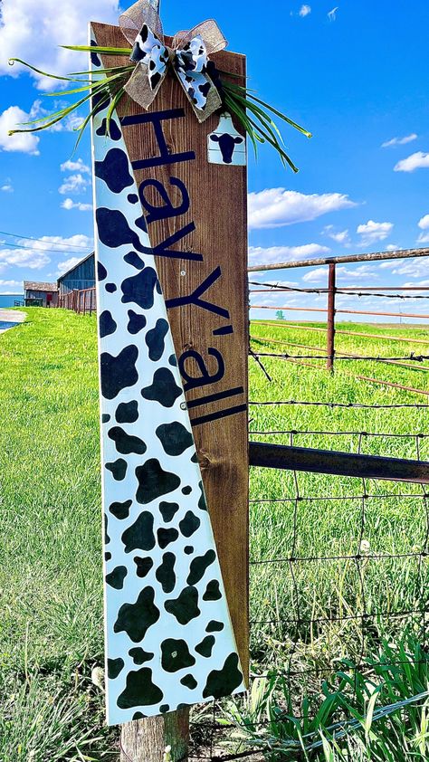 4ft Porch Signs, Welcome Sign Front Door Cow Print, Boho Farmhouse Front Porch Decor, Cow Porch Signs, Cow Print Porch Sign, Hey Yall Door Sign, Boho Back Porch, Cow Print Welcome Sign, Cowgirl Crafts