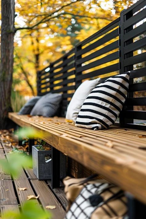 Creative Deck Benches Ideas for Outdoor Bliss Bench Along Fence, Decks With Bench Seating, Deck Seating Ideas Built Ins, Bench On Deck, Built In Deck Seating, Deck Seating Ideas, Porch Bench Ideas, Deck Bench Ideas, Pergola Furniture