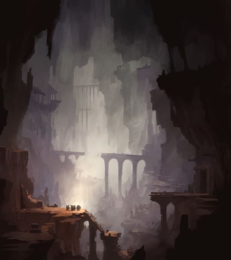 ArtStation - Caves and Ruins, Nikolaj Mårbjerg Severin Ancient City Ruins Concept Art, Cave Ruins Concept Art, Abandoned Underground City Fantasy Art, Dwemer Ruins Concept Art, Underground Ruins Fantasy Art, Fantasy Underground Ruins, Fantasy Ruins Art, Fantasy Cave Art, Cave City Fantasy Art