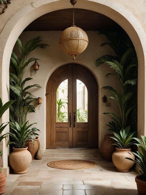 Boho Style House Exterior, Arched Entryway Exterior, Moorish Door, Tuscan House Exterior, Tulum Design, Moroccan Style Home, Interior Design Per La Casa, Spanish Style Home, Hacienda Style