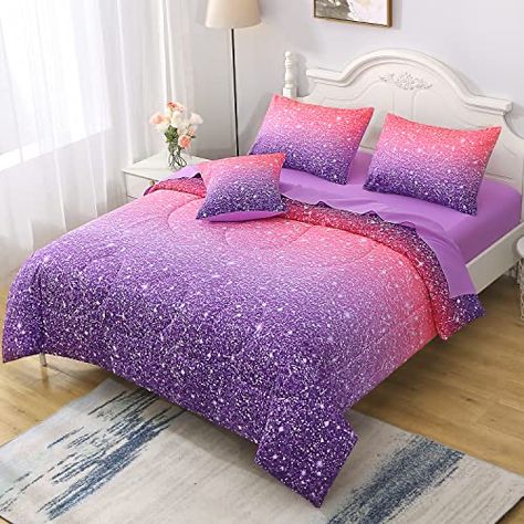 Galaxy Bedroom Decor, Purple Bedroom Ideas For Teens, Blue Purple Bedroom, Ombre Bedding, Bedroom Decor Bedding, Girls Pink Bedding, Purple Comforter Set, Galaxy Bedroom, Colorful Bedding Sets