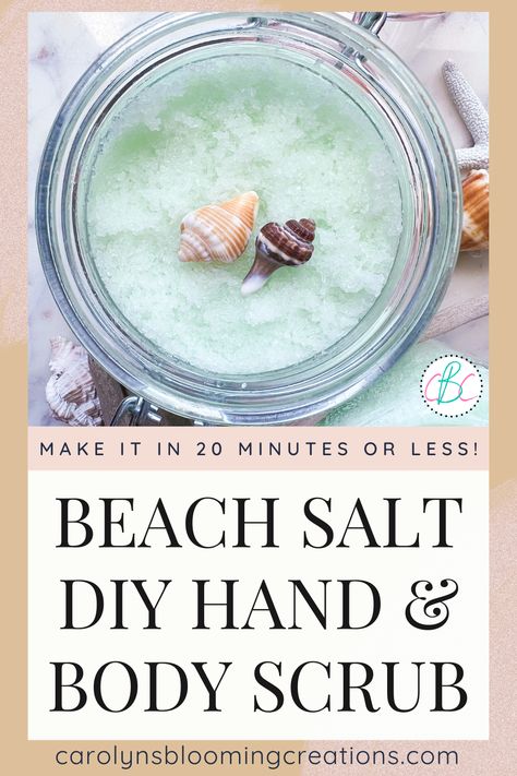 Beach Salt Scrub DIY recipe Sand Body Scrub Diy, Sea Salt Scrub Diy Homemade, Salt Hand Scrub Diy Recipes, Sea Salt Body Scrub Diy, Diy Personal Care Products, Epson Salt Scrub Recipes, Epsom Salt Body Scrub Diy, Salt Scrubs Diy, Salt Scrub Diy Recipes