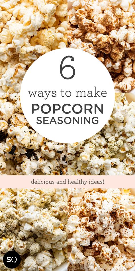 These homemade popcorn seasonings will take your favorite snack to the next level. From sweet cinnamon sugar to savory garlic and herb, we’ve got plenty of ideas that are both delicious and healthy! These toppings will add loads of flavor to your popcorn making it a tasty, crispy, and crunchy snack that it’s still healthy. There are 6 different popcorn seasoning ideas, which means there’s something for everyone! Easy Popcorn Seasoning: 6 Ways | Healthy Snacks | Simply Quinoa Seasonings For Popcorn, Salt Free Popcorn Seasoning, Low Sodium Popcorn Seasoning, Popcorn Seasoning Recipes Diy, Popcorn Seasoning Ideas, Healthy Popcorn Seasoning, Healthy Popcorn Toppings, Diy Popcorn Seasoning, Homemade Popcorn Seasoning Recipes