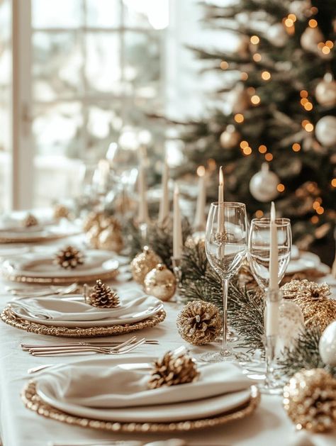 Creative and Elegant Christmas Table Decor Ideas for a Memorable Holiday Dinner Silver And Gold Dinner Table Decor, Christmas Table Elegant, Table Settings New Year, Gold And White Christmas Table Decor, Glam Christmas Tablescape, Country Christmas Table Decorations, Chic Christmas Table Decor, Winter Dinner Table Decor, Natural Christmas Tablescapes